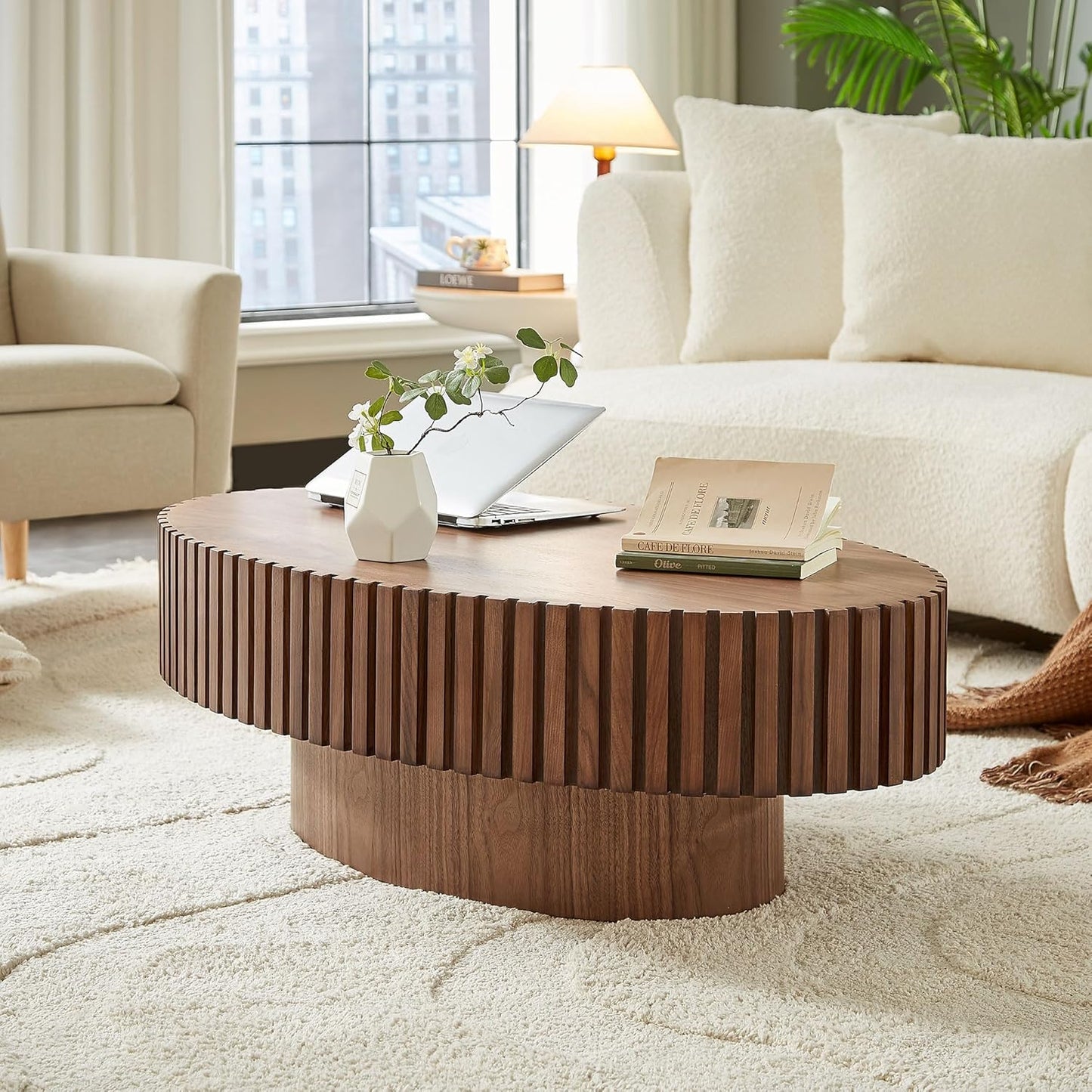 Oval Coffee Table for Living Room, Modern Fluted Coffee Tables with Pedestal Base, Handcrafted Centre Tea Tables Easy Assembly-43.7" Walnut