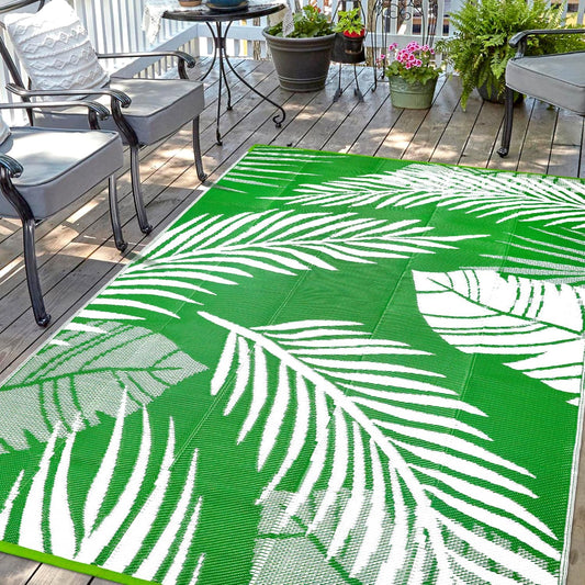 Waterproof Outdoor Rug 6x9ft, Green Leaf Reversible Plastic Straw Mat for Patio RV Deck Porch Backyard Balcony Camping Picnic Beach Indoor Outdoor Carpet, Green&White