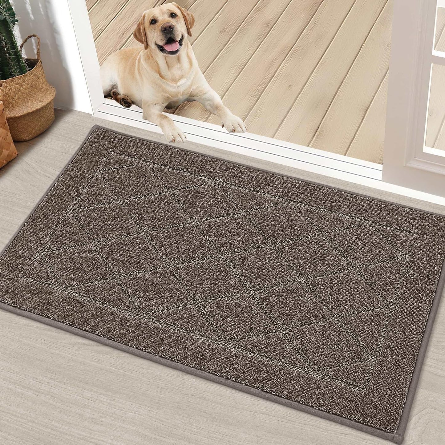 BEQHAUSE Dirt Trapper Door Mat 20" x 32", Doormat Non-Slip Entryway Rugs Washable, Dog Door Mat Stain Resistant and Absorbent Welcome Floor Mat for Front Back Door, Muddy Wet Shoes & Paws, Light Brown