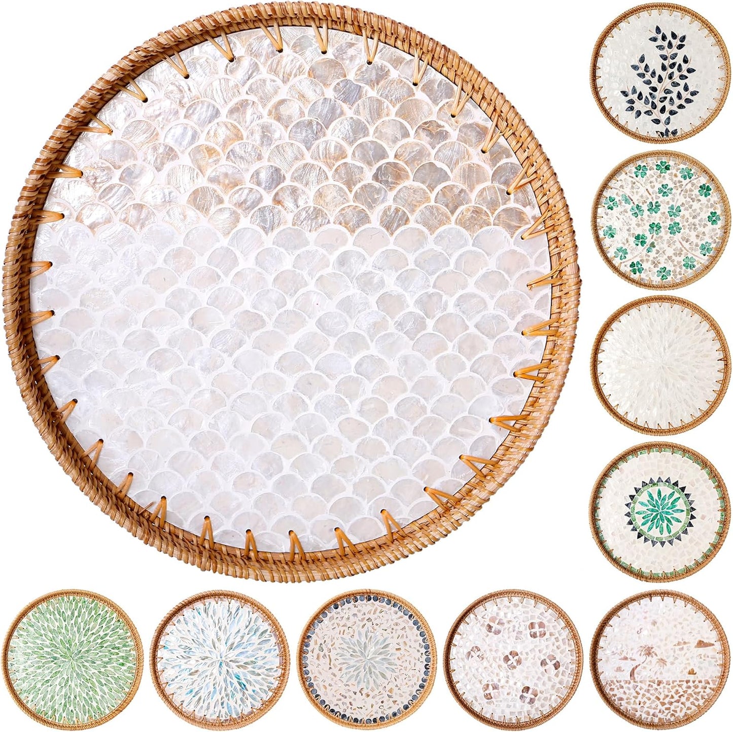 Round Rattan Tray with Mother of Pearl Inlay & Wooden Base - Decorative Wicker Serving Tray for Coffee/Bread/Fruits, Food Storage & Display - Multipurpose Home Decor (L,Fish Scales)
