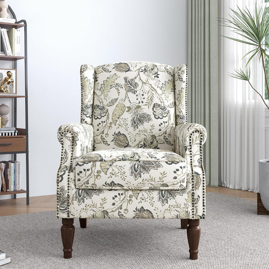 Lumibee Wingback Accent Chair,High Back Floral Armchairs in Fabric,Comfy Upholstered Reading Single Sofa Chair with Solid Wood Legs for Living Room,Bedroom,Office-Plants Beige