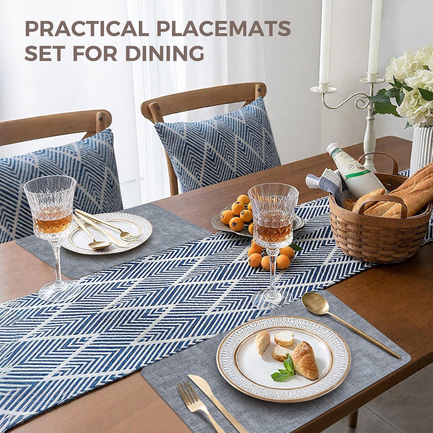 Vinyl Placemats Set of 6, Faux Leather Waterproof and Heat Resistant Place Mats, Washable Anti-Slip Table Mats with Coaster, Wipeable Placemats for Indoor & Outdoor 17" x 12" (Light Blue, Set of 6)