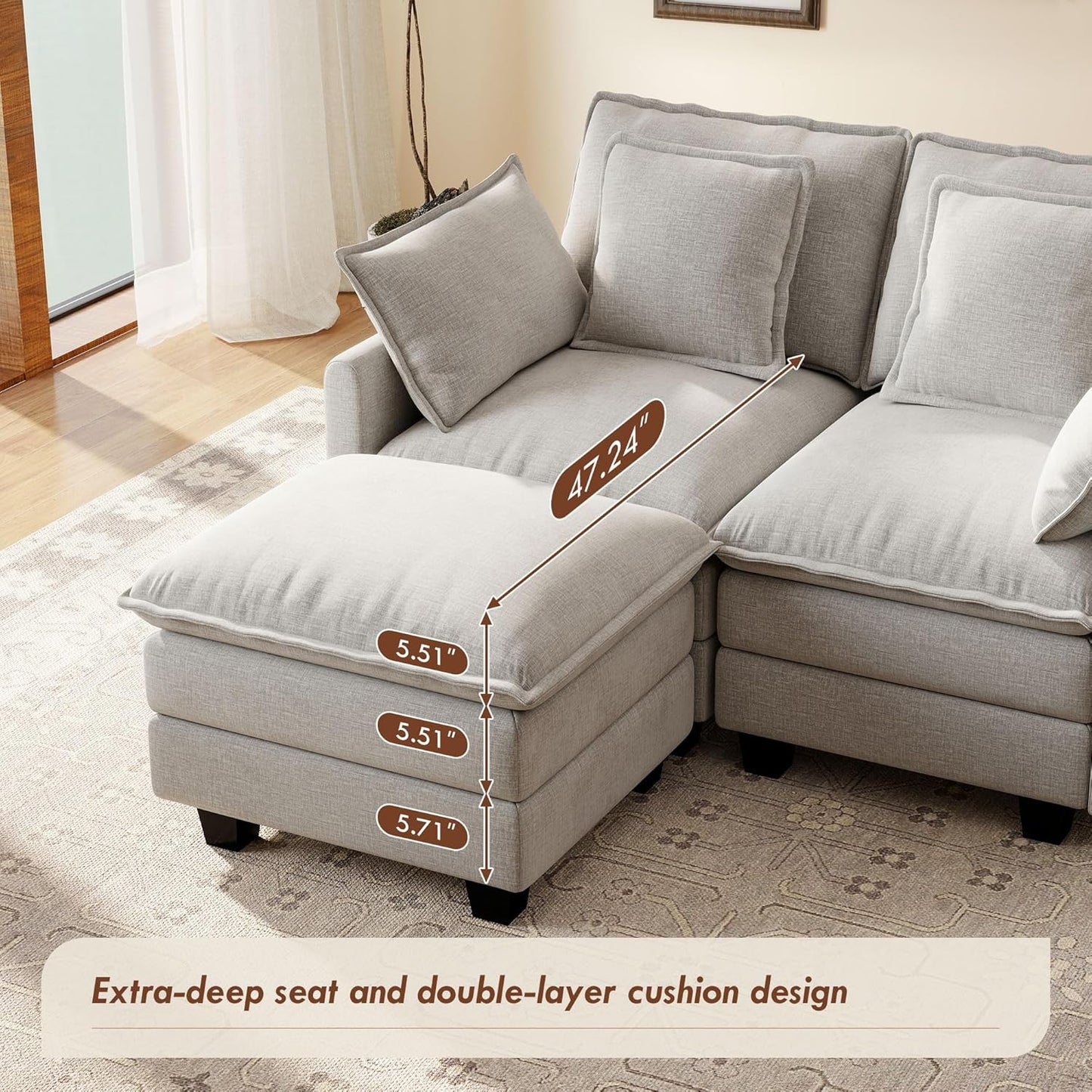 Ihanherry 57" L Shaped Modular Sectional Cloud Sofa, Modern 3 Seat Chenille Couch with Ottoman for Living Room, Bedroom and Apartment, Grey