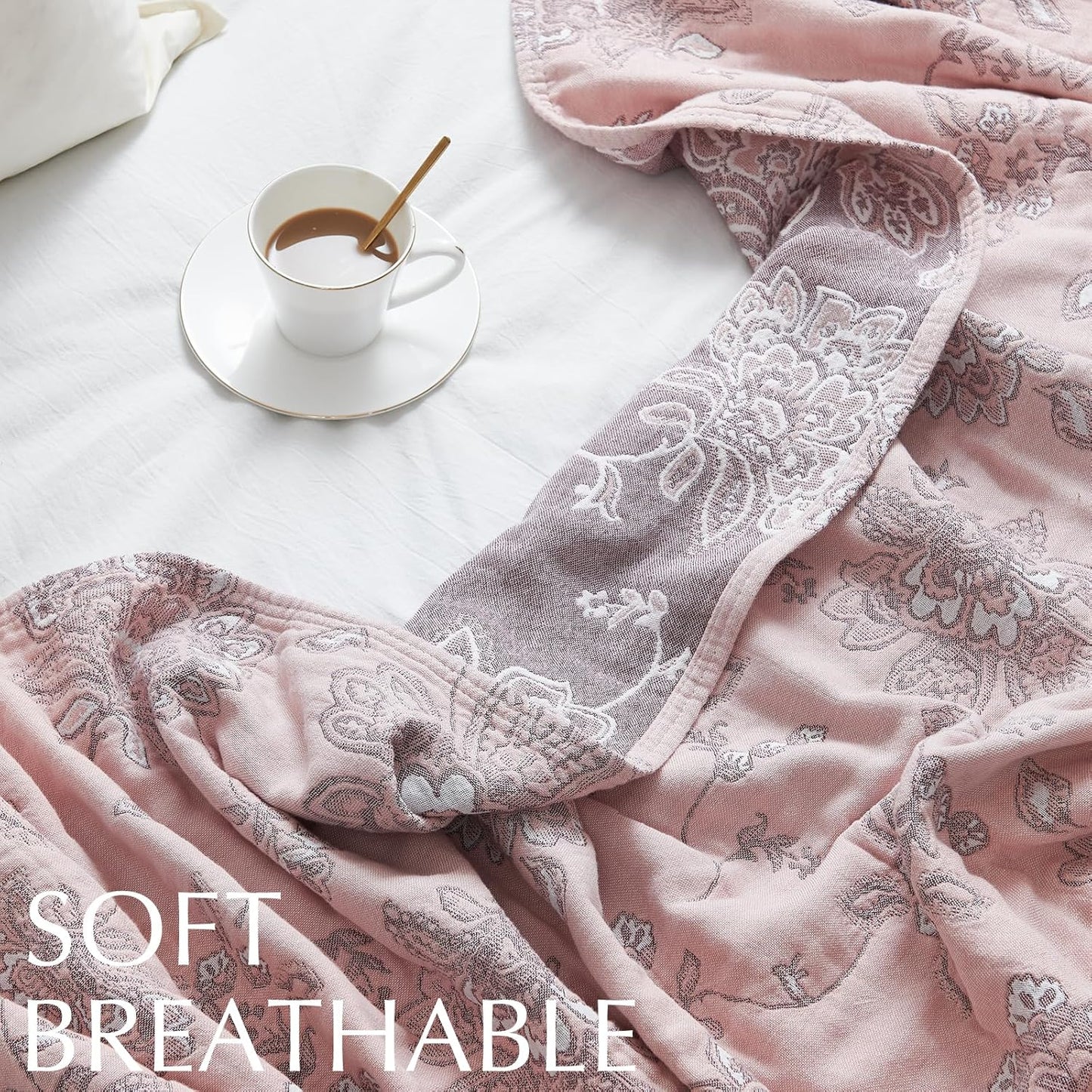 jinchan Boho 100% Cotton Muslin Queen Size 80x90 Inches Blanket Lightweight 4-Layer Quilted Soft Pink Multi Floral Throw Blanket Reversible Comfy Flower Rustic All Seasons Couch Bedroom Decor