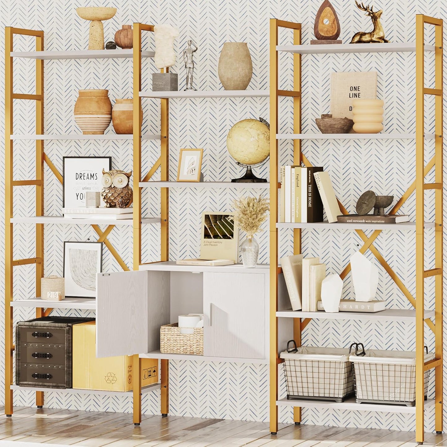 Triple 5 Tier Bookshelf, Industrial Large Bookcase with Storage Cabinet, Tall Gold Bookshelf with 14 Open Display Shelves Metal Frame Furniture for Living Room Bedroom Home Office Gold & White