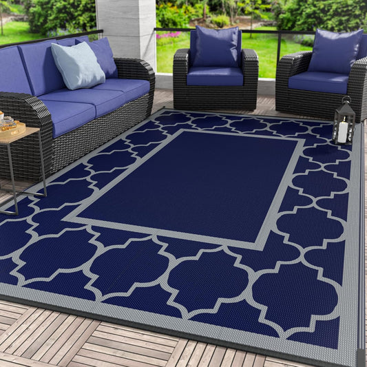 GENIMO 4 ' x 6 ' Outdoor Rug for Patio Clearance, Waterproof Indoor Outdoor Plastic Straw Rugs Carpet, Reversible Outside Area Rv Mat for Camping, Balcony Porch, Deck, Picnic, Beach (Blue & Gray)