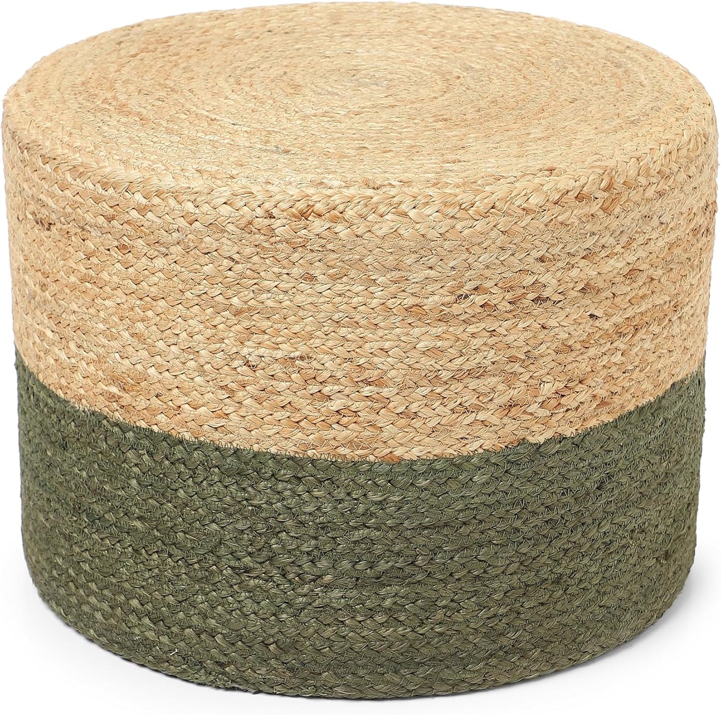 REDEARTH · Cylindrical Pouf Foot Stool Ottoman - Jute Braided Pouffe Poof Accent Sitting Footrest for Living Room, Bedroom, Nursery, Patio, Lounge & Other Rooms (Natural Olive, 18"x18"x14")