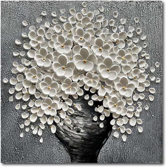 White Flower Oil Painting Modern Abstract Art Oil Painting Home Bedroom, Dining Room, Living Room, Office Wall Decoration (20x20 inches)