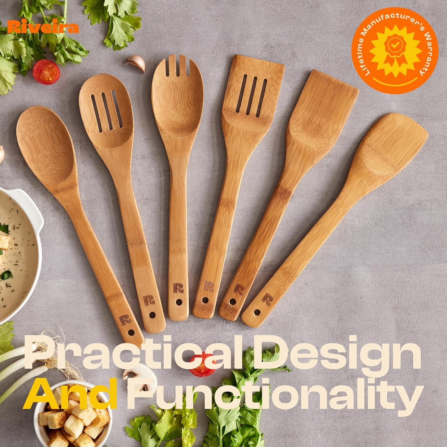 Riveira Dark Bamboo Wooden Spoons for Cooking 6-Piece, Apartment Essentials Wood Spatula Spoon Nonstick Kitchen Utensil Set Premium Quality Housewarming Gifts for Everyday Use