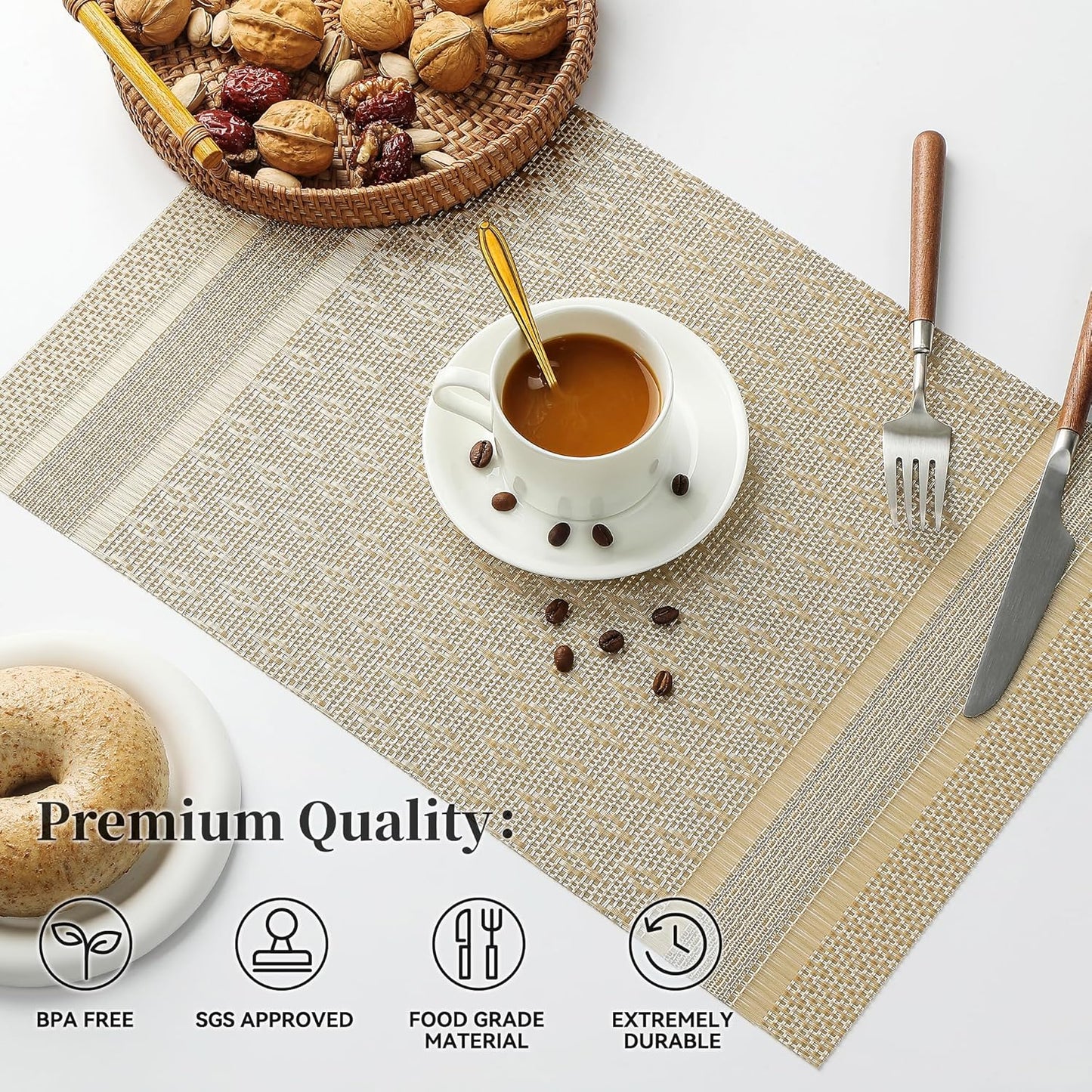 Leetaltree Stardust Yellow Placemats Set of 8 - Heat Resistant Non-Slip Place mats for Dining Table, Washable Durable PVC Vinyl Woven Table Mats（Stardust Yellow, 8）