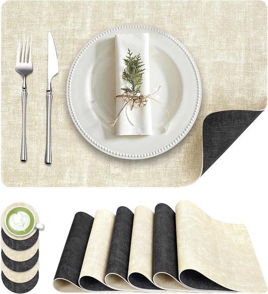 Faux Leather Dual Sided Placemats Set of 6, Square Non-Slip Heat Resistant Placemats with Coaster, Reversible Wipeable Waterproof Table Mats for Kitchen, Dining, Outdoor (6, Black Beige)