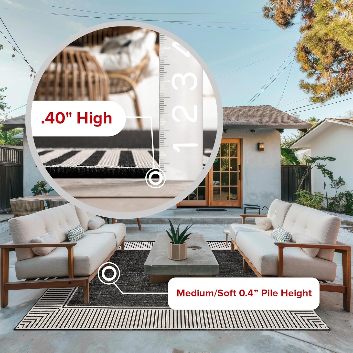 nuLOOM 4' x 6' Outdoor Area Rug, Casual Design With Striped Border, Stain Resistant, Highly Durable, For Patio, Balcony, Bedroom, Living Room, Dining Room, Bathroom, Black