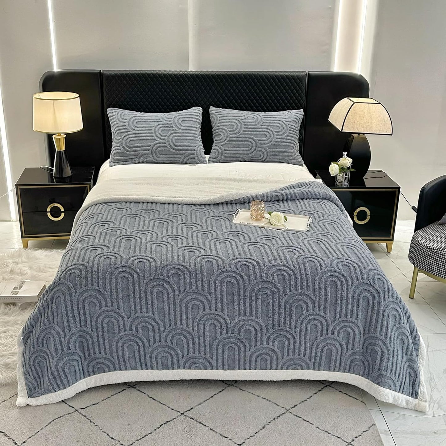 UKELER Sherpa Bed Blanket 80 × 90 inch, Ultra Soft Queen Size Throw Blanket for All Season, Cozy Plush Arch Fleece Blankets for Bedroom Living Room Dorm Hostel Sofa Camping, Blue Grey