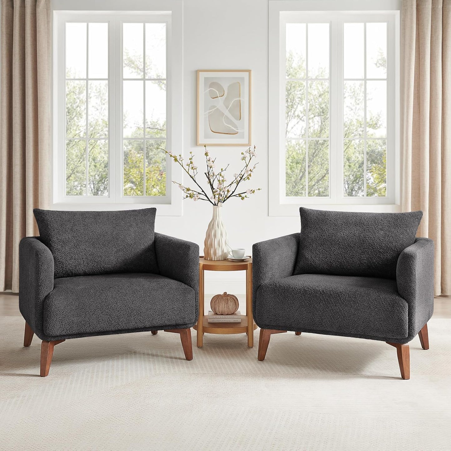 Oversized Accent Chair Modern Boucle Armchair for Living Room Sets of 2 - 37" Wide & Cozy Reading Chair with Solid Wood Legs, Dark Gray Upholstered Lounge Chair for Bedroom & Office (Easy Assembly)