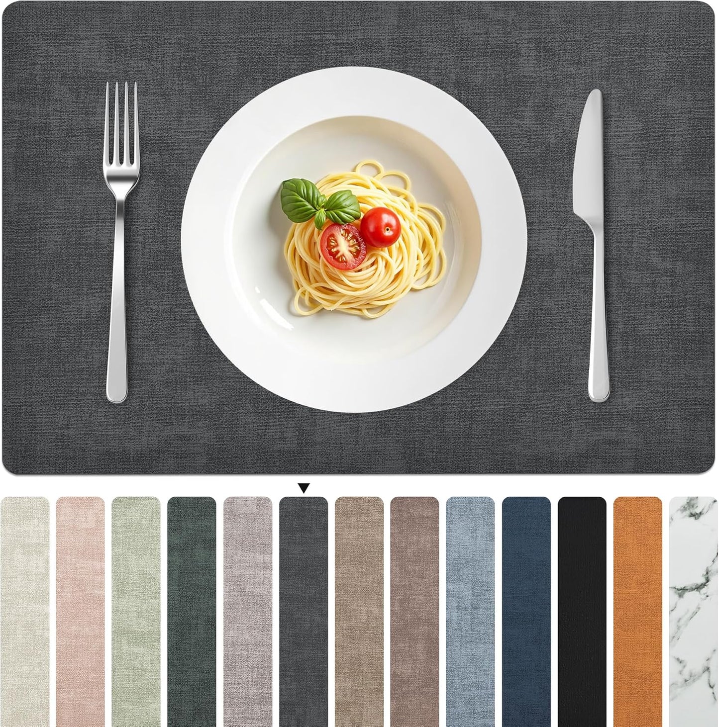 FROMHEART Faux Leather Placemats Set of 8–Waterproof,Heat/Oil Stain-Resistant PU Table Mat–Reversible,Non-Slip,Easy to Clean Place Mats for Kitchen,Dining,Indoor/Outdoor,(Dark Grey,11.8" x 17")