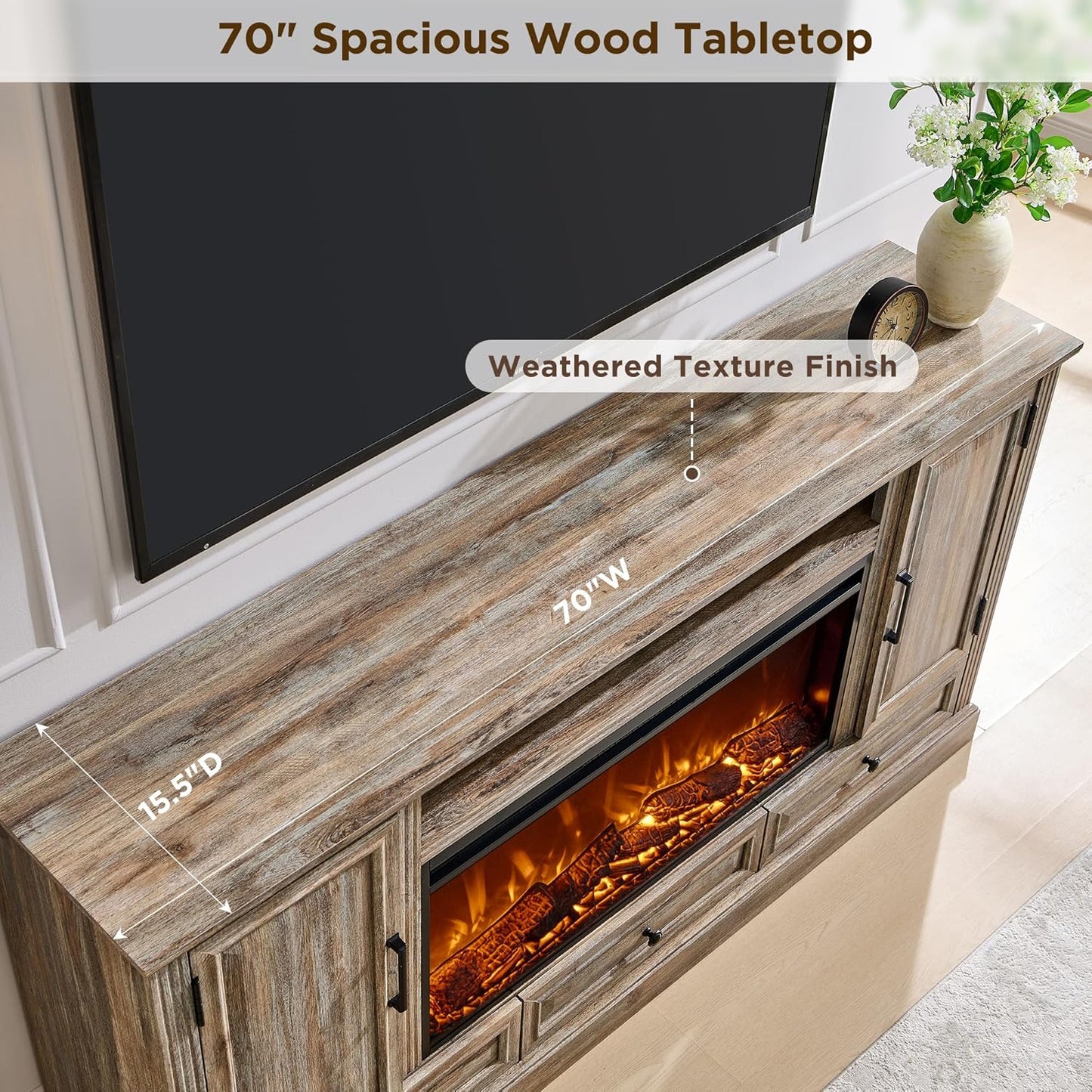 Fireplace TV Stand for 80 Inch TV, 35.7" Tall Farmhouse Entertainment Center W/36'' Electric Fireplace, Media Console with Large Storage Cabinets and Drawers for Living Room, Purple Oak