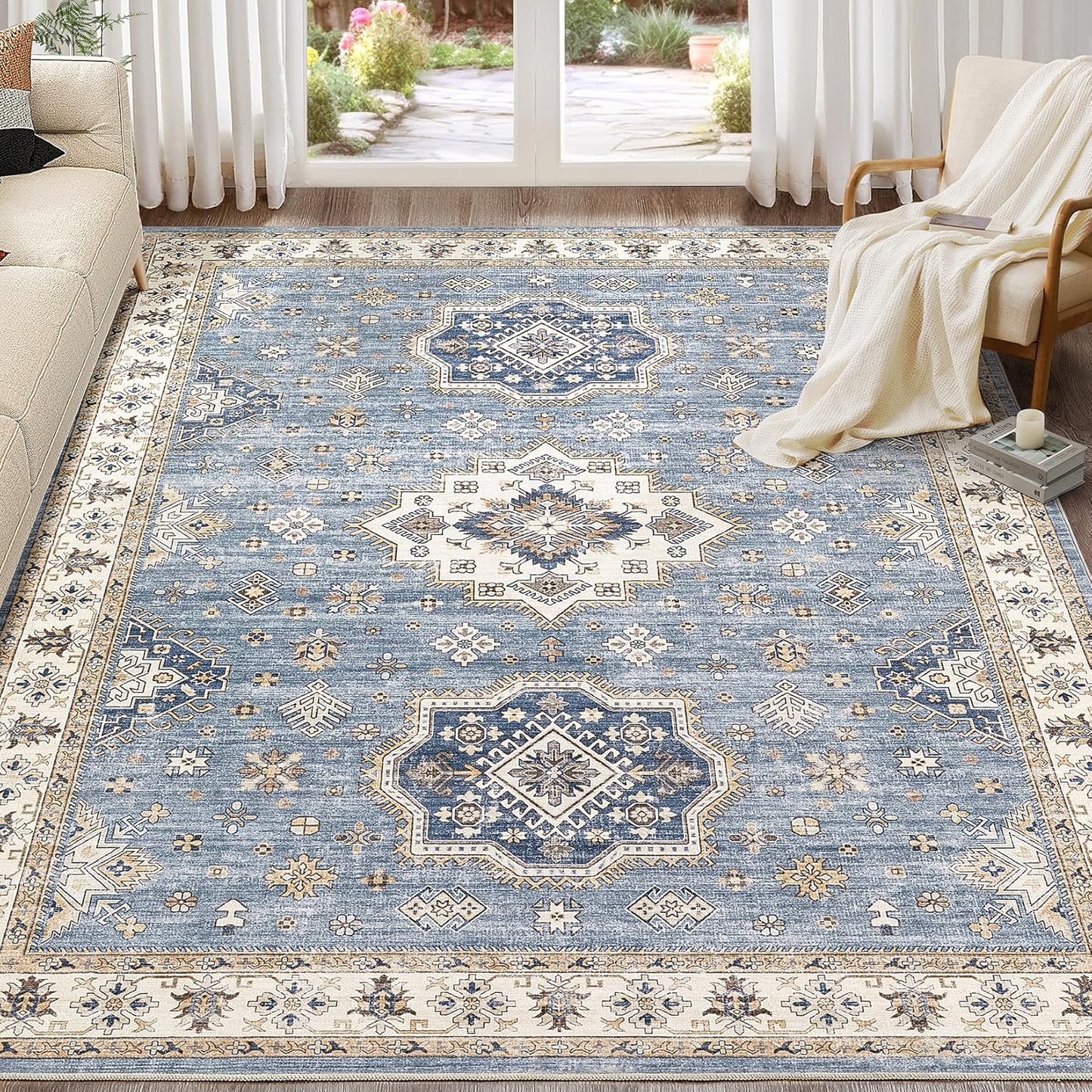 Washable Area Rugs for Living Room - 7x9 Neutral Vintage Distressed Floral Farmhouse Boho Large Soft Floor Rug Indoor Non Slip Carpet for Living Room Bedroom Dining Room Office - Blue