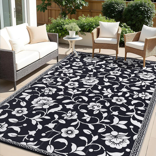 OLANLY Waterproof Outdoor Rug 6x9 ft, Outdoor Plastic Straw Rug with Flower Pattern, Reversible RV Mat for Patio, Camping, Balcony, Deck, Backyard, Black & White