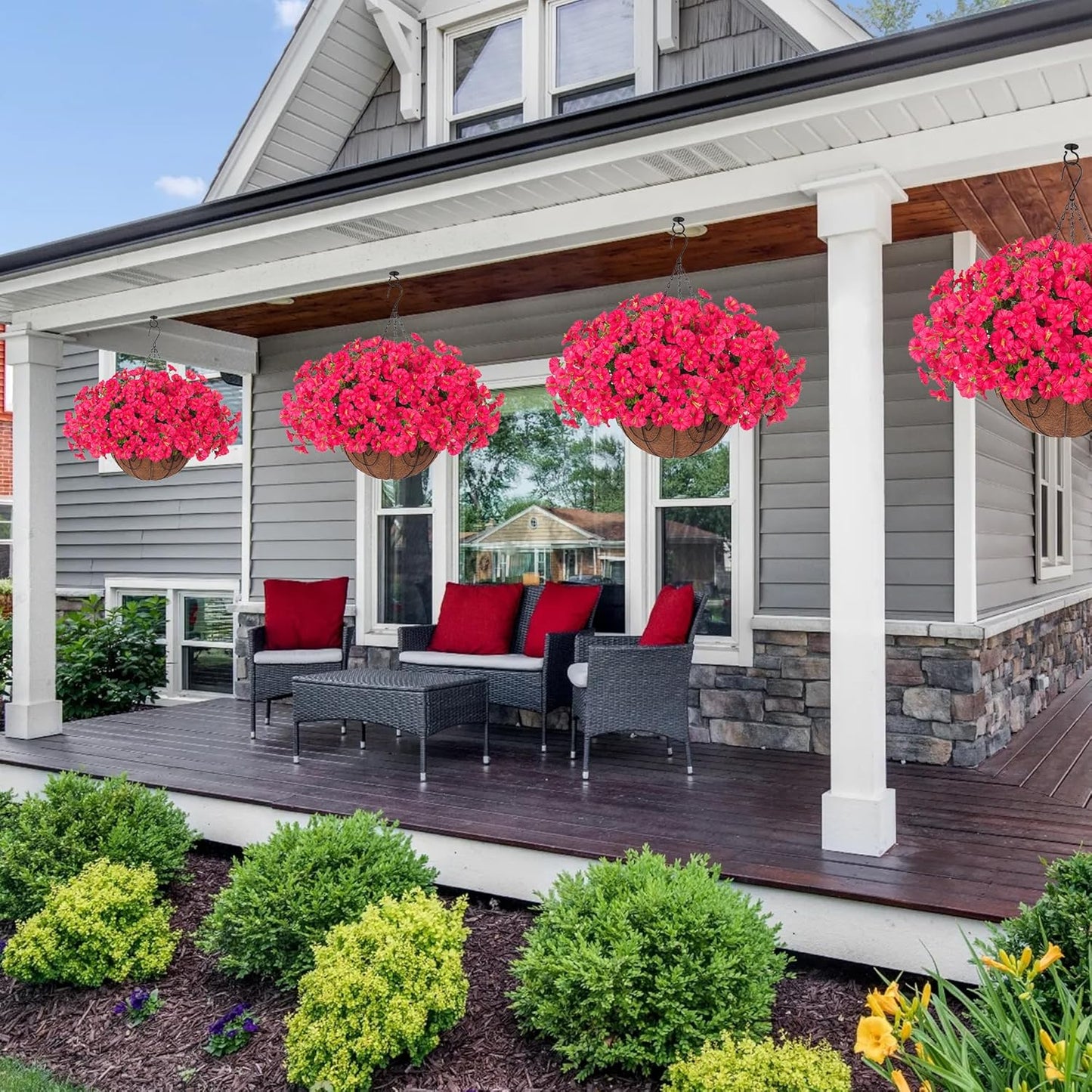 Artificial Faux Hanging Plants Flowers Basket for Outdoor Outside Spring Summer Decoration, Silk Morning Glory in Planter UV Resistant Look Real Fake Flower for Porch Patio Balcony Home Yard, Hot Pink