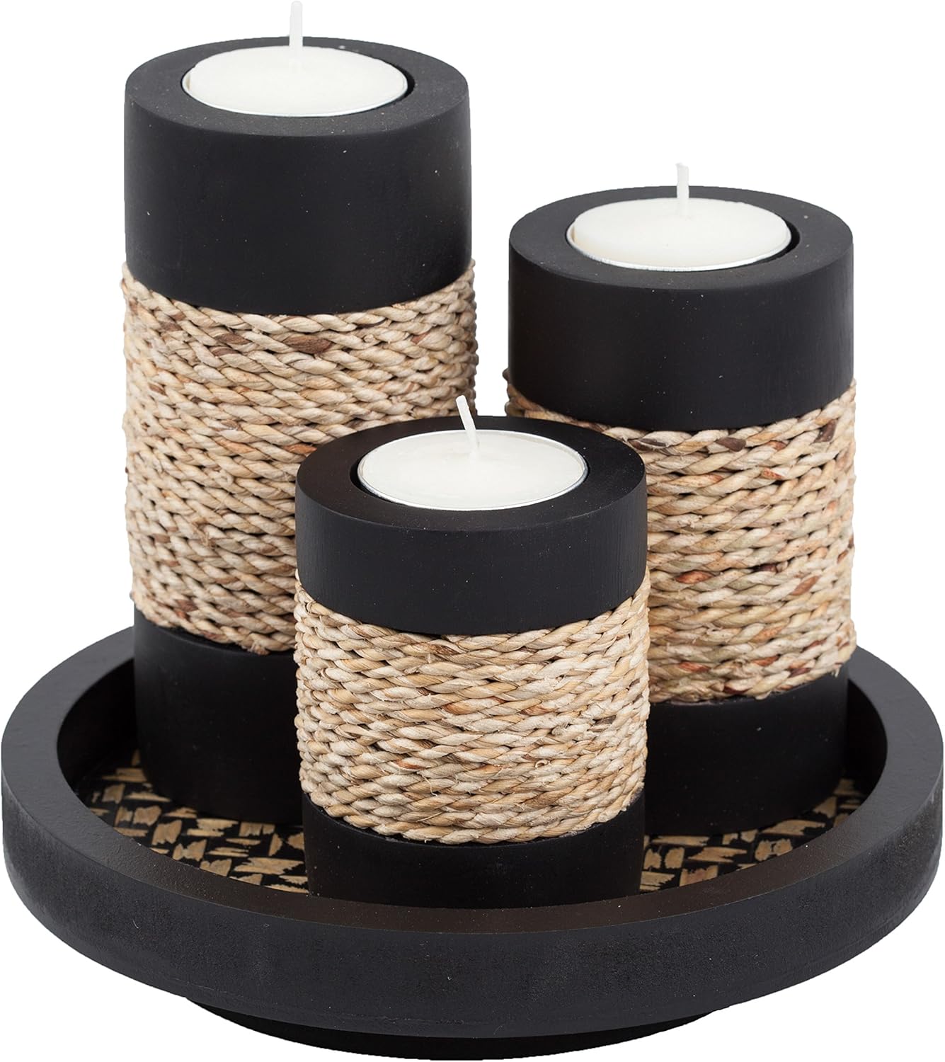 IYARA CRAFT Tealight Candle Holders with Tray – Set of 3 Handmade Wooden Candle Holders with Natural Rope Accent – Rustic Black Decor for Table Centerpiece, Office or Gift