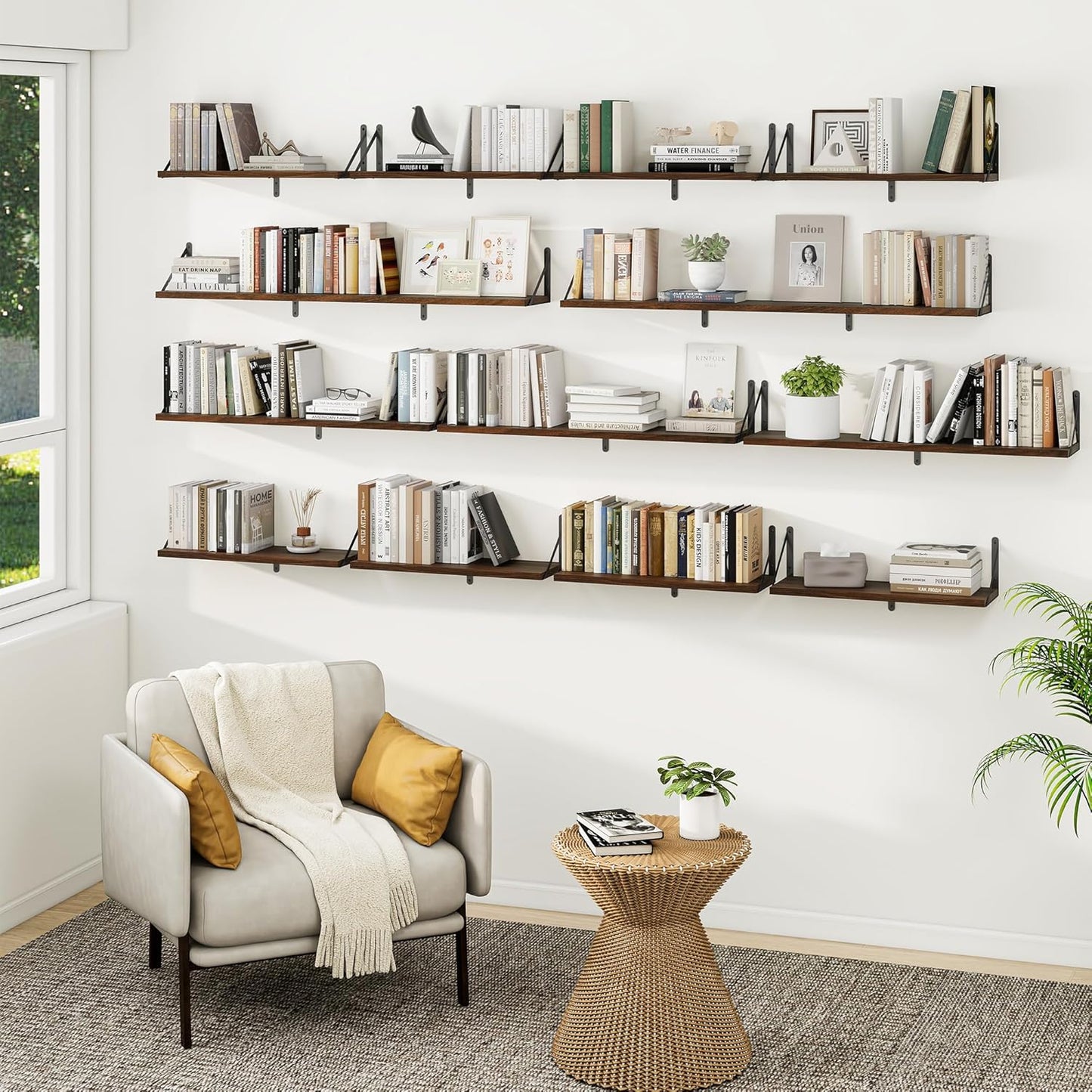 Heimlove 36 Inch Floating Bookshelves Set of 3,Heavy Duty Wall Mounted Bookshelves,Bookshelf for Living Room,Bedroom,Kitchen,Laundry Room Storage & Decor-Walnut Color