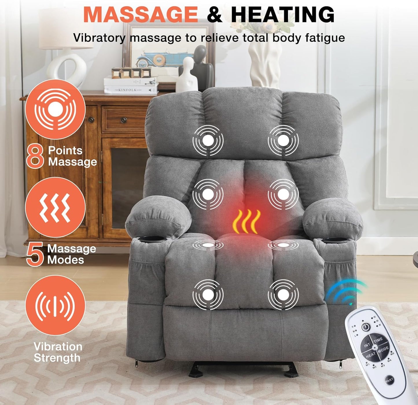 Massage Rocker Recliner Chair with Heat, Ergonomic Overstuffed Reclining Lounge Chair with Side Pockets, USB Charging Port, Sturdy Metal Frame, Comfortable Modern Design for Living Room