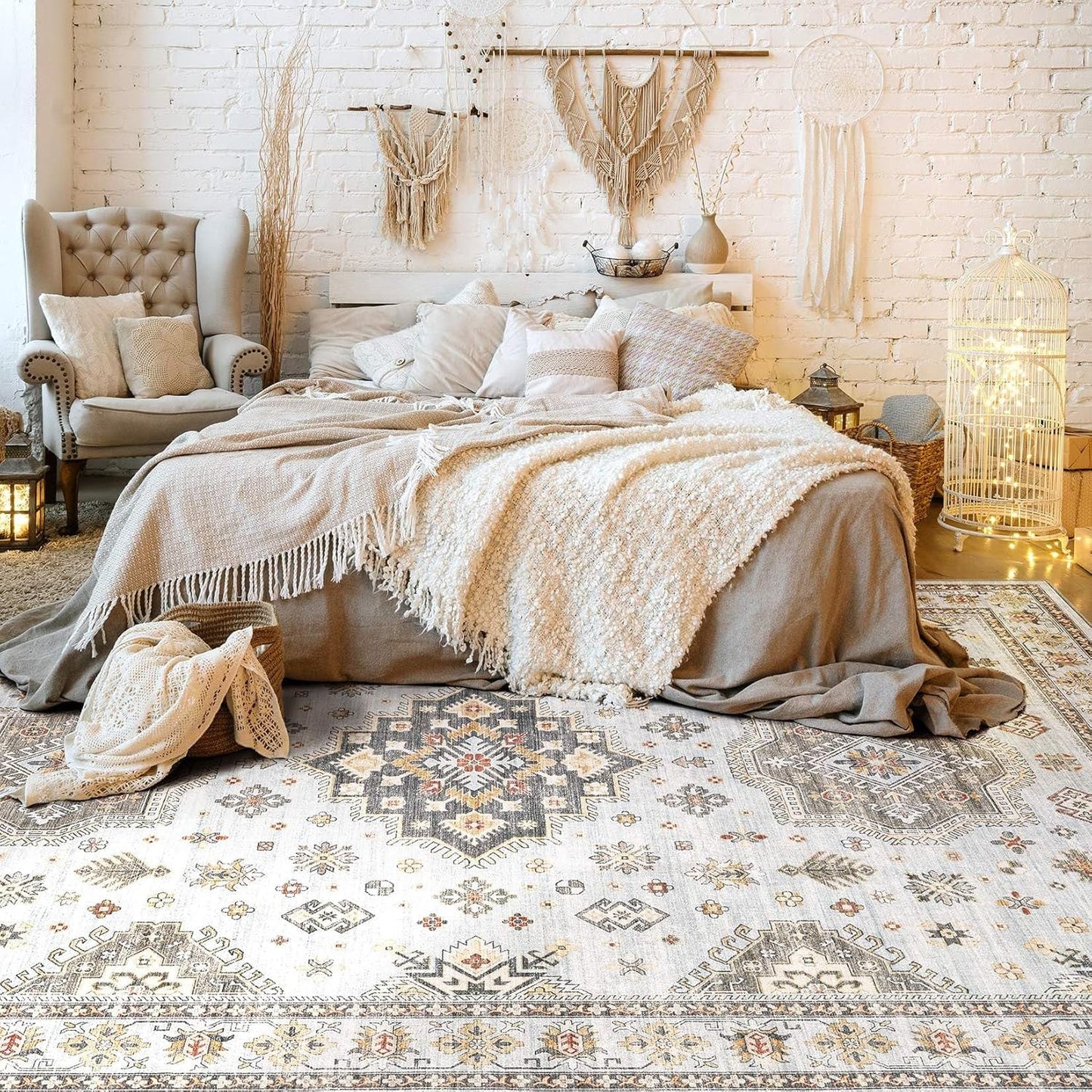 Washable Area Rugs for Living Room -10x12 Neutral Vintage Distressed Floral Farmhouse Boho Large Soft Floor Rug Indoor Non Slip Carpet for Living Room Bedroom Dining Room Office-Blue Brown