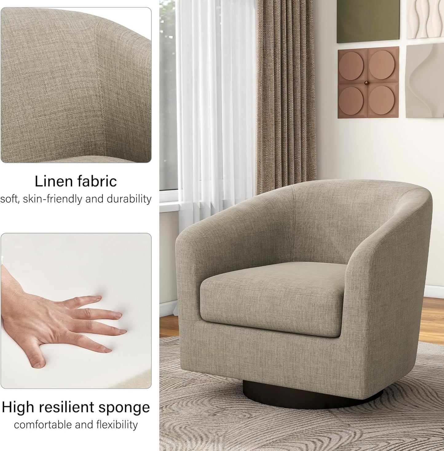 Swivel Barrel Accent Chair, Modern Round Linen Arm Chair for Living Room, Bedroom, Comfy Club Reading Chairs for Adults（Linen Fabric, Light Brown, Set of 4