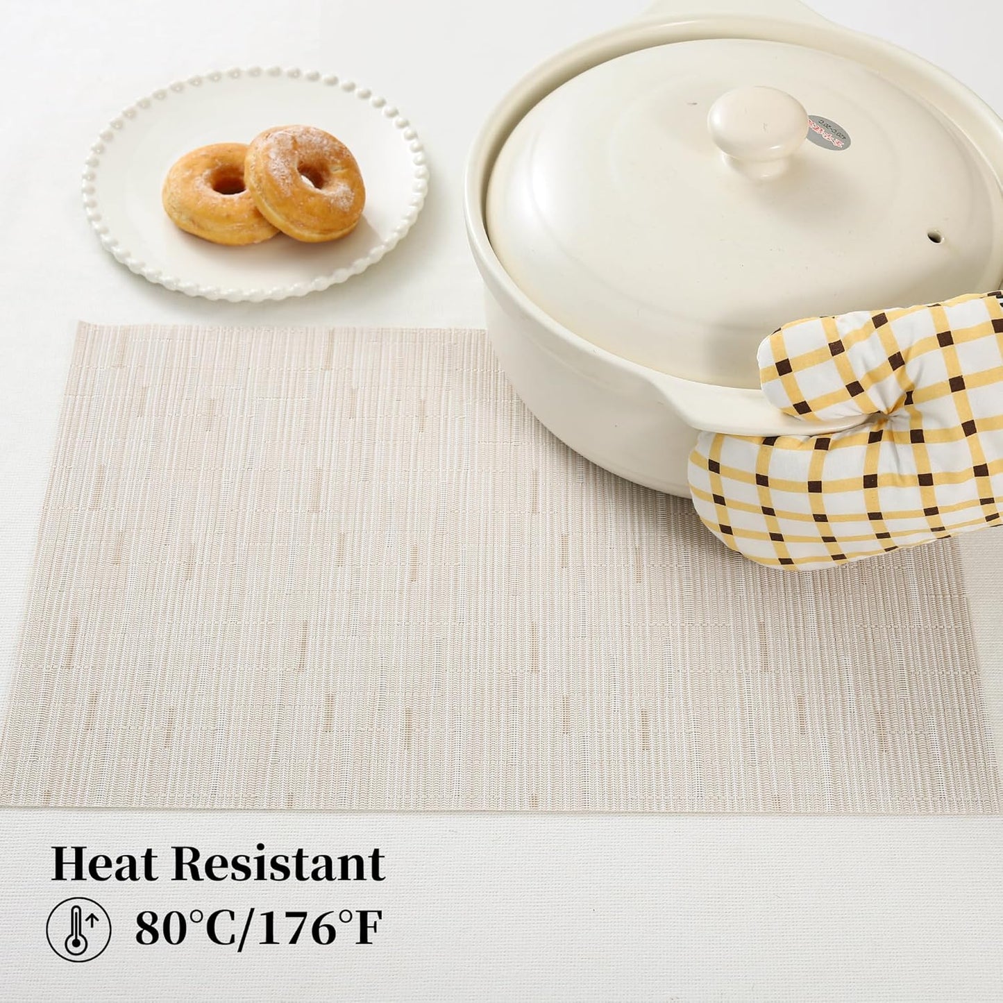 Leetaltree Pale Beige Placemats Set of 12 - Heat Resistant Non-Slip Place mats for Dining Table, Washable Durable PVC Vinyl Woven Table Mats（Pale Beige, 12）