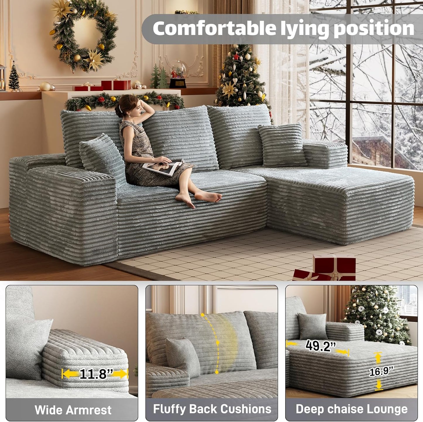 HYJT-H&K Modular Sectional Sofa Cloud Secttional Couch, 107" Comfy L Shaped Couches for Living Room, Deep Seat Memory Foam Fluffy Plush Corduroy Boneless Couch Sectionals Right Facing Sofa Chaise Grey