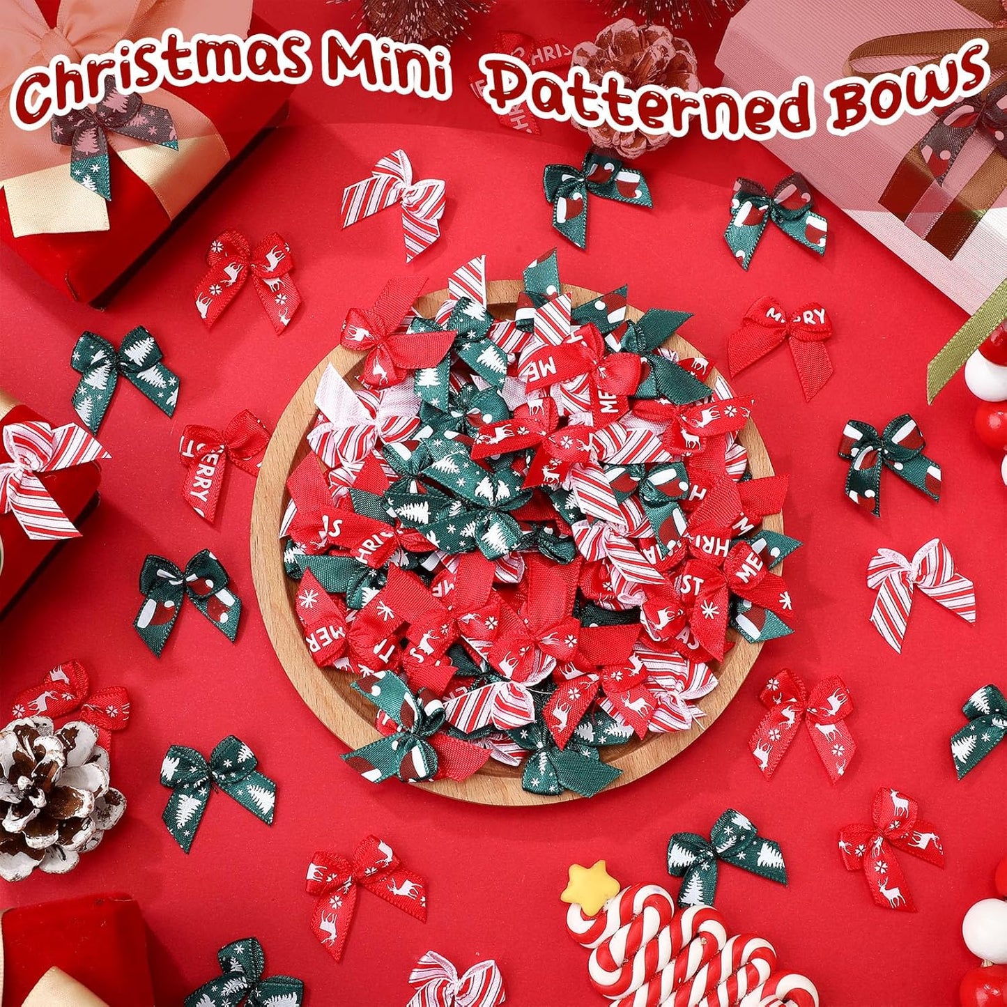Syhood 150 Pcs Christmas Mini Bow Tiny Twist Tie Bow Handmade Craft Ribbon for DIY Sewing Party Decor(Red and Green,Patterned)