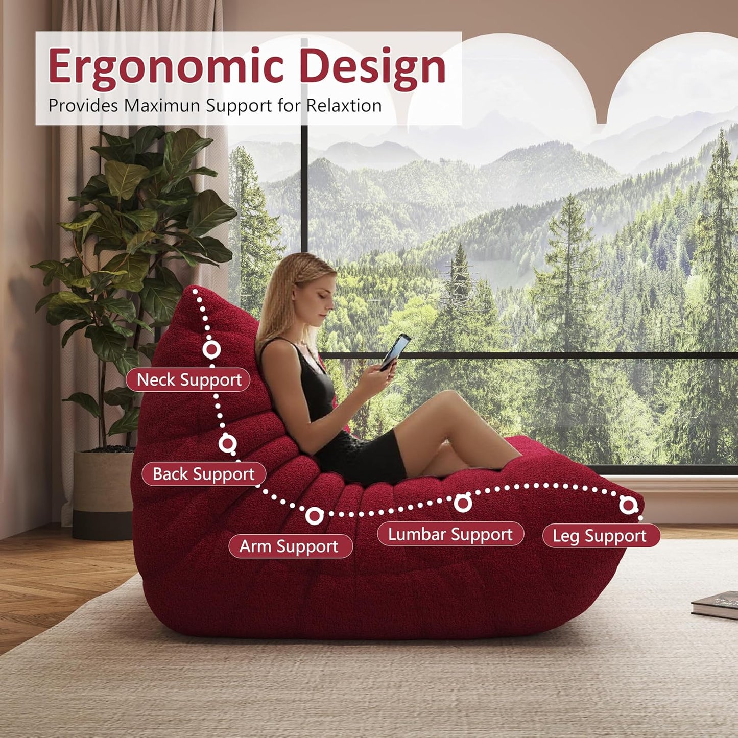 Bean Bag Chair, Oversized Loveseat Fireside Chair for Adults, 2 Seater with Memory Foam Filled, Lazy Sofa Lounge Floor Sofa for Living Room, Bedroom, Office, No Assembly Required. (Burgundy)