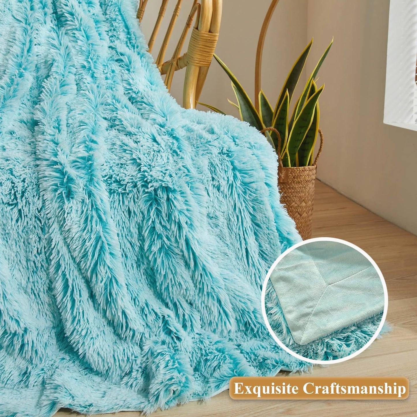 XeGe Plush Faux Fur Throw, Aqua Comfy 50x60 Fuzzy Blanket, Luxury Boho Lightweight Couch Throw, Autumn Ultra Soft Fluffy Shaggy Lap Blanket for Couch Bed Sofa Chair Ombre Aqua Green