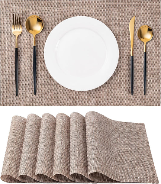 Placemats Set of 6 Washable Indoor/Outdoor Vinyl Place Mats for Dining Table Durable Non-Slip Heat Resistant PVC Weave Table Mats（Khaki）