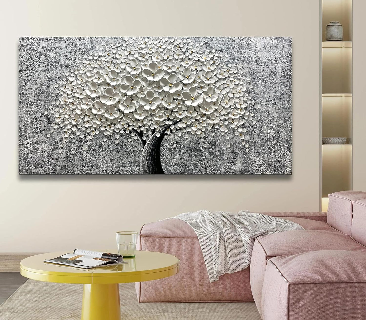 Yika Art - 24x48 Inch 3D White Flower Painting Abstract Textured Knife Platte Acrylic on Canvas 3D Flowers Tree Painting Ready to Hang