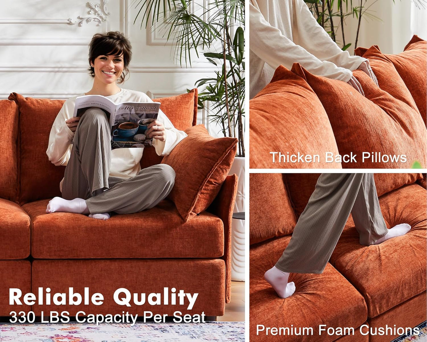 102.6" Modular Sectional Sofa, Oversized 3-Seater Terracotta Orange Couch with Removable Chenille Fabric Cover, Deep Seat & High Backrest for Living Room, Office & Apartment