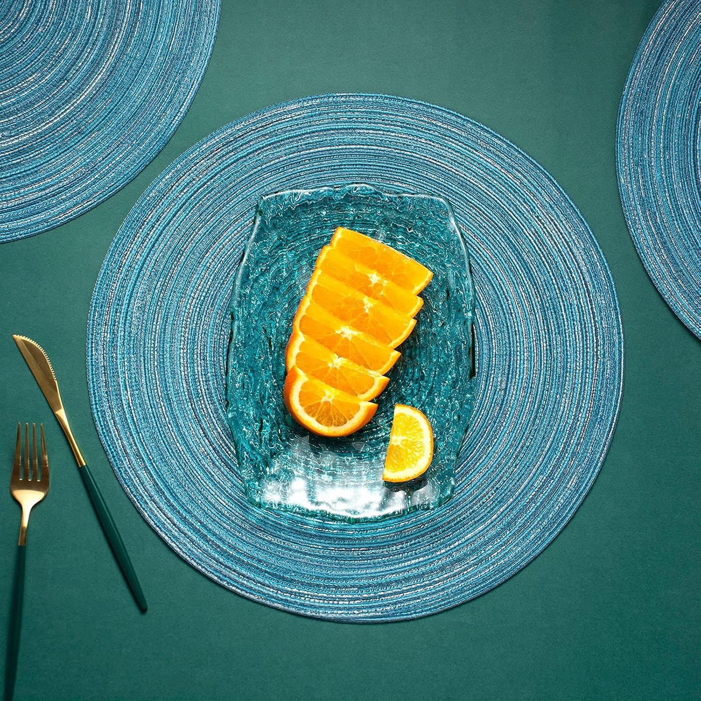 AHHFSMEI Round Braided Placemats Set of 6 Round Table Mats for Dining Tables Natural Woven Heat Resistant Place mats 15 Inch (Blue Silver)