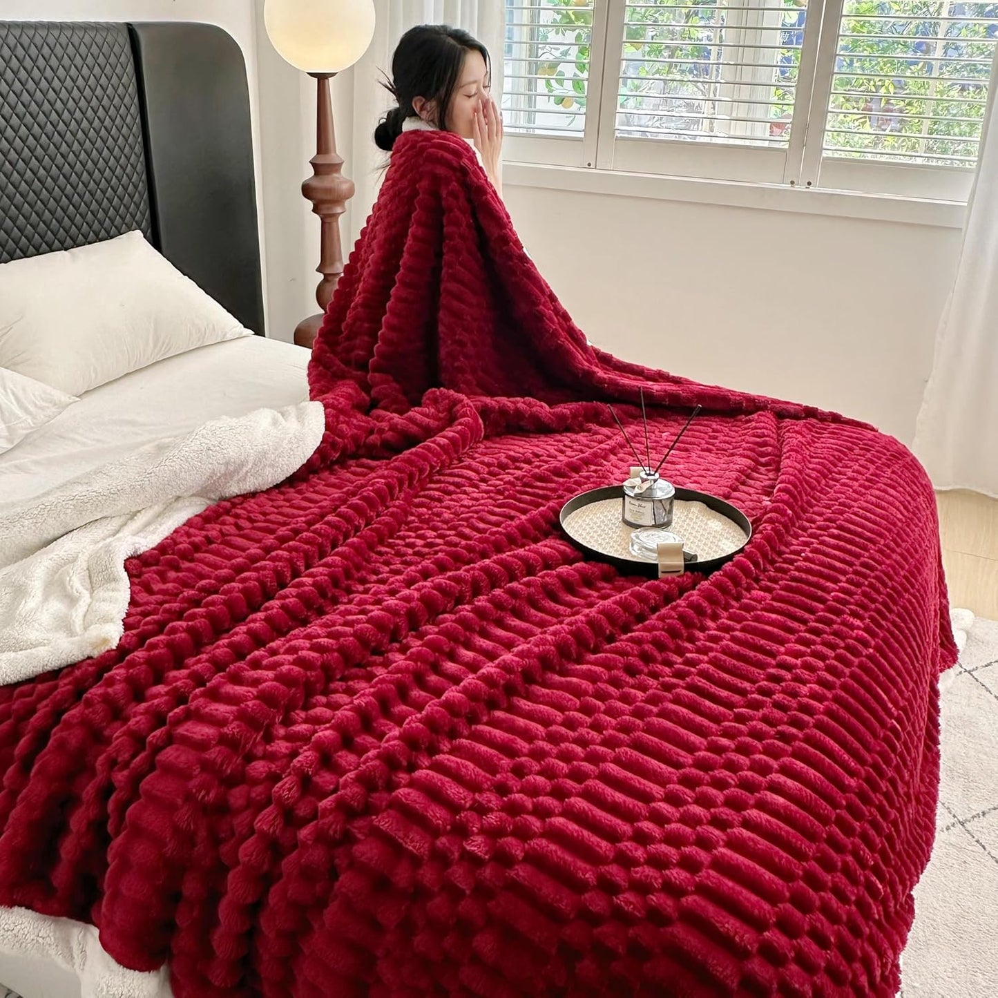 UKELER Sherpa Throw Blanket 60 × 80 inch, 470 GSM Striped Sherpa Fleece Blanket for All Season, Warm and Cozy Blankets for Couch Sofa Bed Office Camping, Red