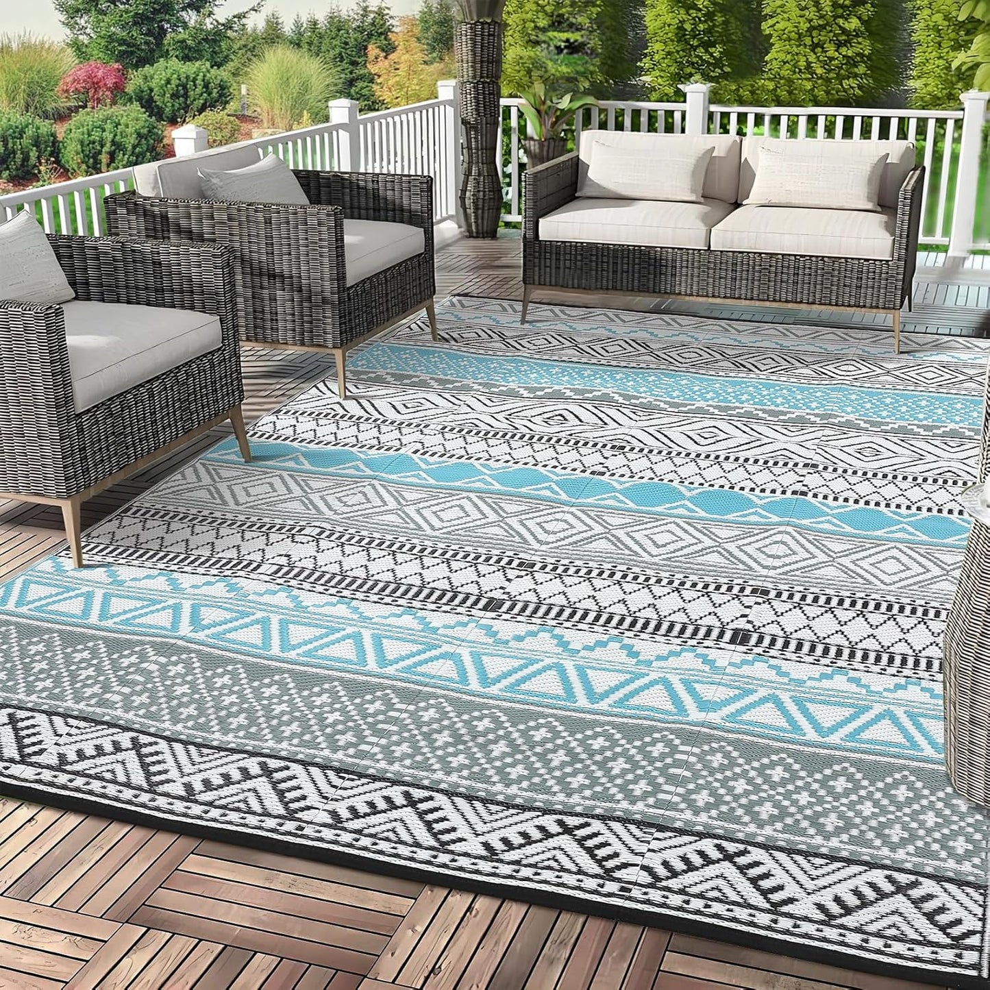 GAOMON Reversible Outdoor Rug 9'x18' Waterproof Plastic Straw Rug, Patio Rug, Large Modern Area Rug Carpet, Indoor Outdoor Rugs for Camping, Porch, Deck, Balcony, Backyard, Blue/Grey(Bohemia)