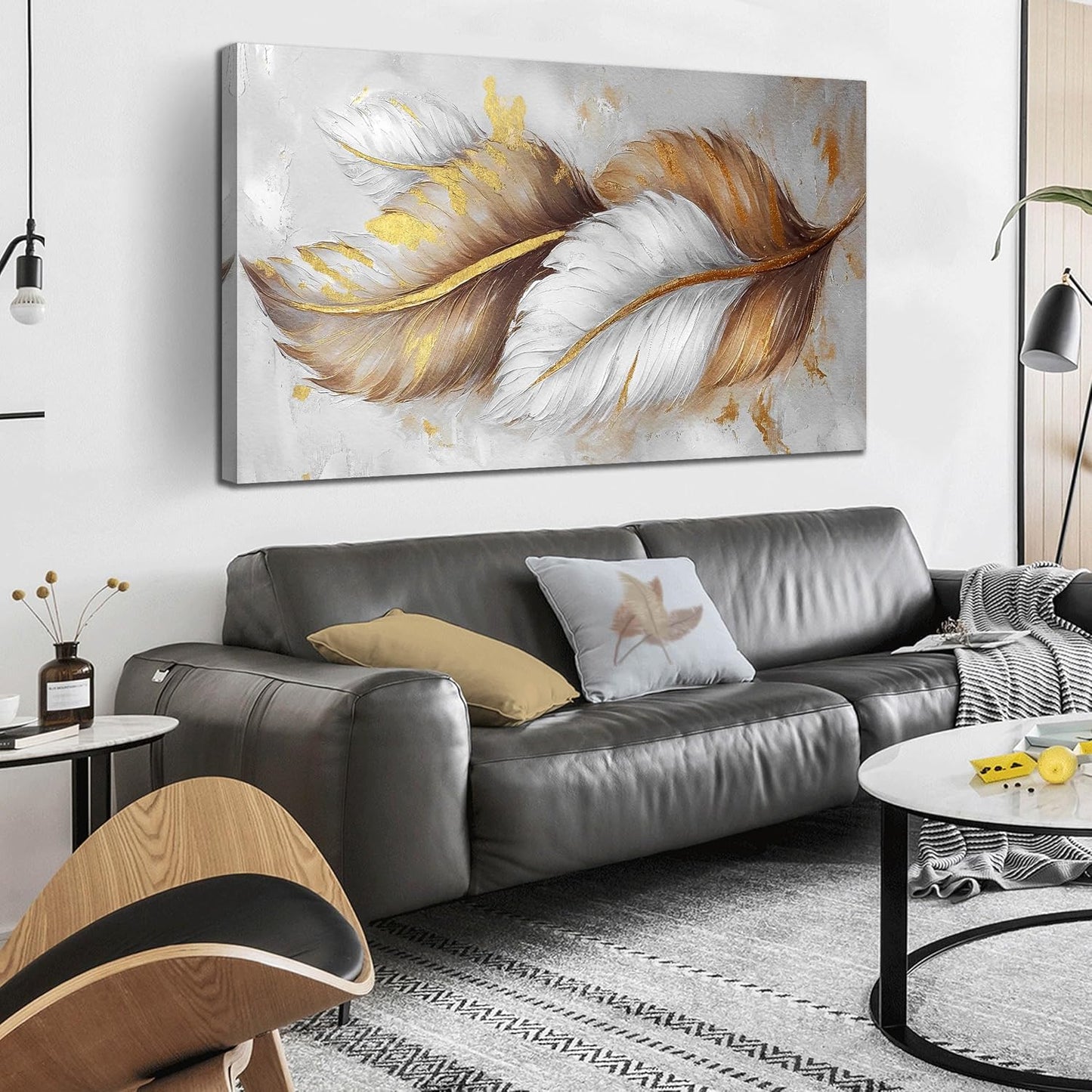 Leaf Canvas Wall Art for Living Room Large Size - White and Brown Gold Pictures Wall Art for Bedroom - Modern Wall Art Office Size 29" x 59"