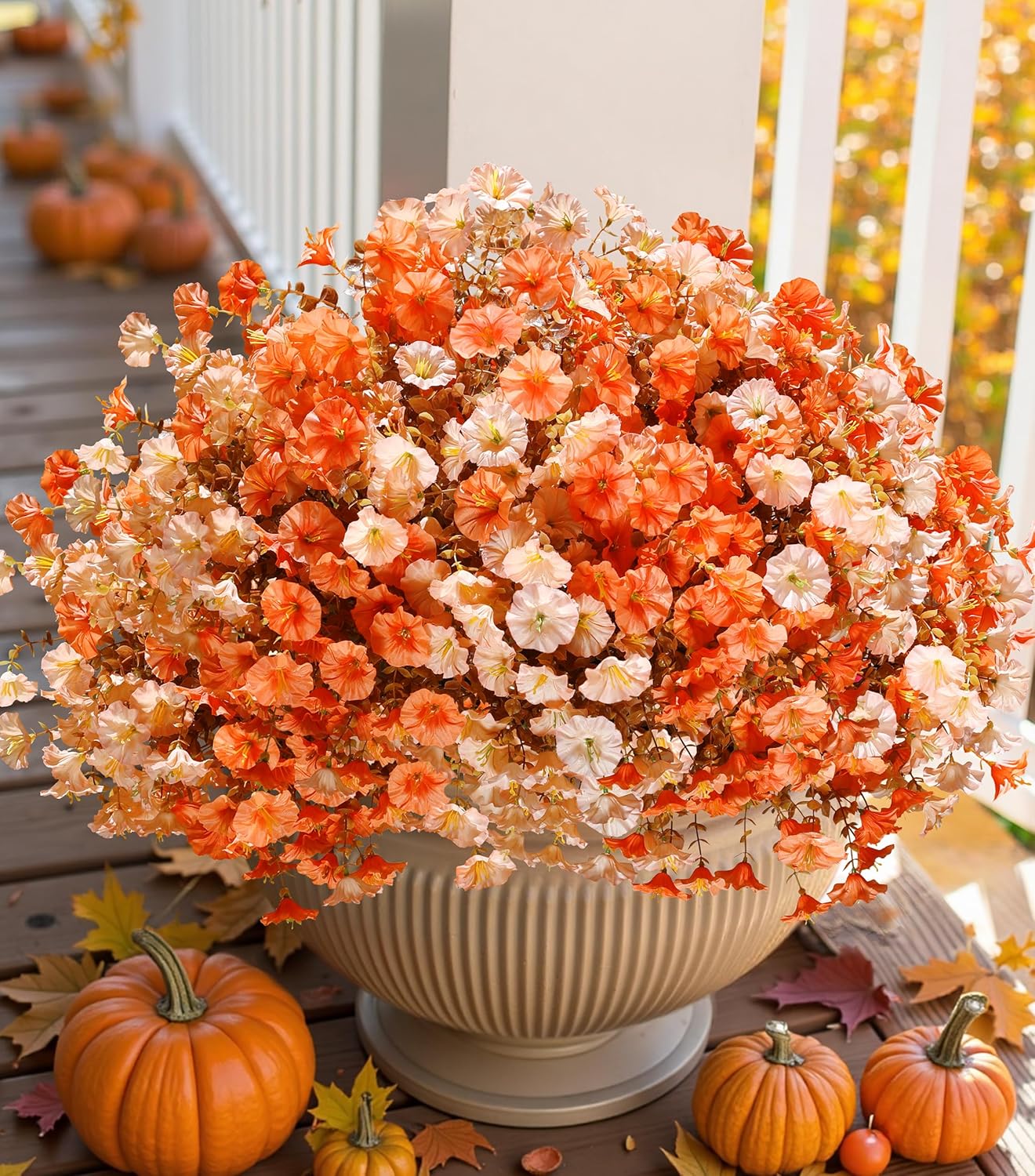 Artificial Mums for Outdoors Fake Fall Flowers Plants for Autumn Decoration, 12 Bundles Silk Morning Glory with Eucalyptus Look Real UV Resistant Faux Mums for Outside Planters Yard Patio Porch, Mix