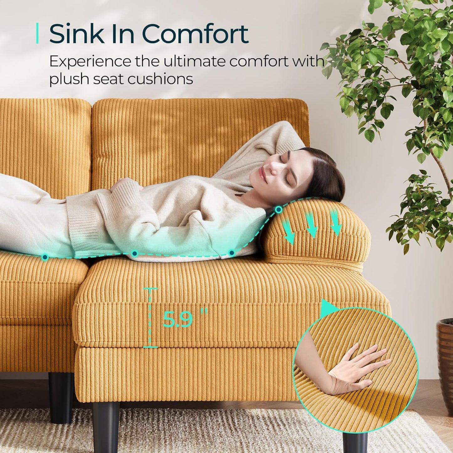 LINSY HOME Sectional Couch, 111'' W Corduroy U Shaped Sofa with Sleepable Armrests, 4 Seat Couch with Double Chaises, Deep Seat Sofa for Living Room, Yellow