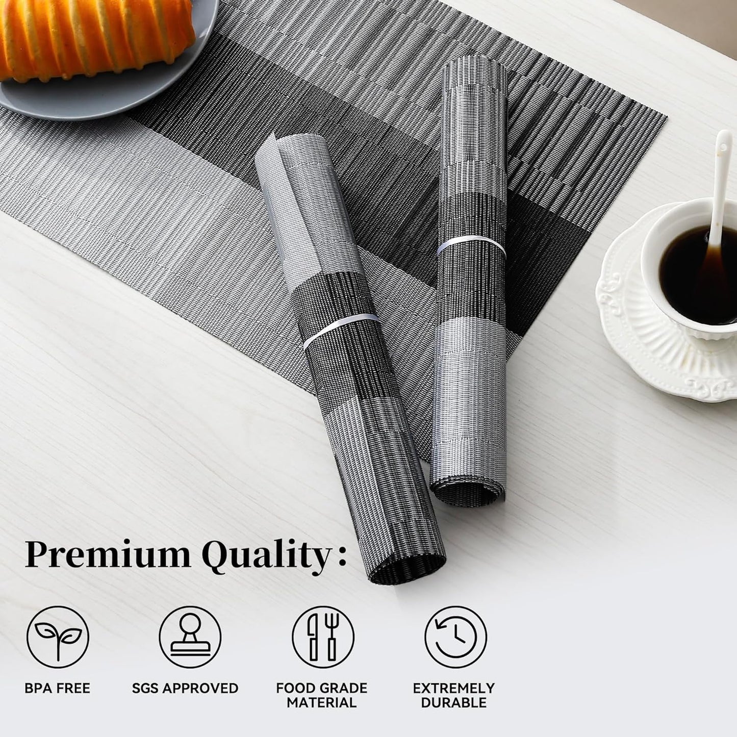 Leetaltree Grey with White Striped Placemats Set of 12 - Heat Resistant Non-Slip Place mats for Dining Table, Washable Durable PVC Vinyl Woven Table Mats（Grey Stripe, 12）