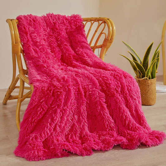 XeGe Luxury Faux Fur Blanket, Hot Pink Soft Big Fluffy Throw, Shaggy Plush Decorative Couch Throw, Cute Furry Fuzzy Bed Blanket for Bedroom Living Room, Hot Pink, 60x90