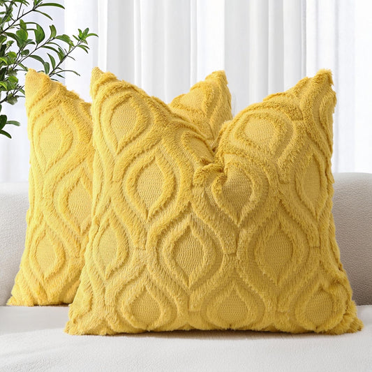 decorUhome Throw Pillow Covers 24x24 Inch Set of 2, Soft Plush Decorative Faux Fur Mustard Yellow Solid Couch Pillow Covers, Accent Farmhouse Neutral Square Euro Pillow Cases for Sofa Bed Living Room