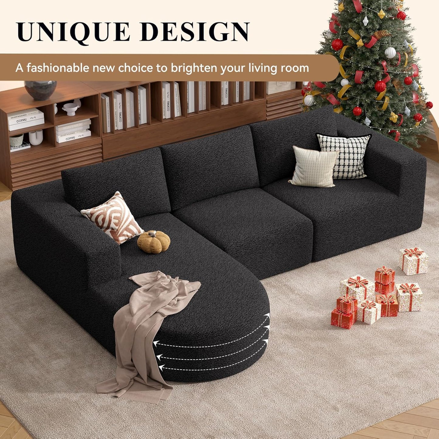 Modular Sectional Sofa with L-Shape Chaise,Cloud Sectional Modern Sleeper Couch with Deep Seat,Sponge Compression Sofas No Assembly Required (Black-Sherpa Fabric) 1PCS