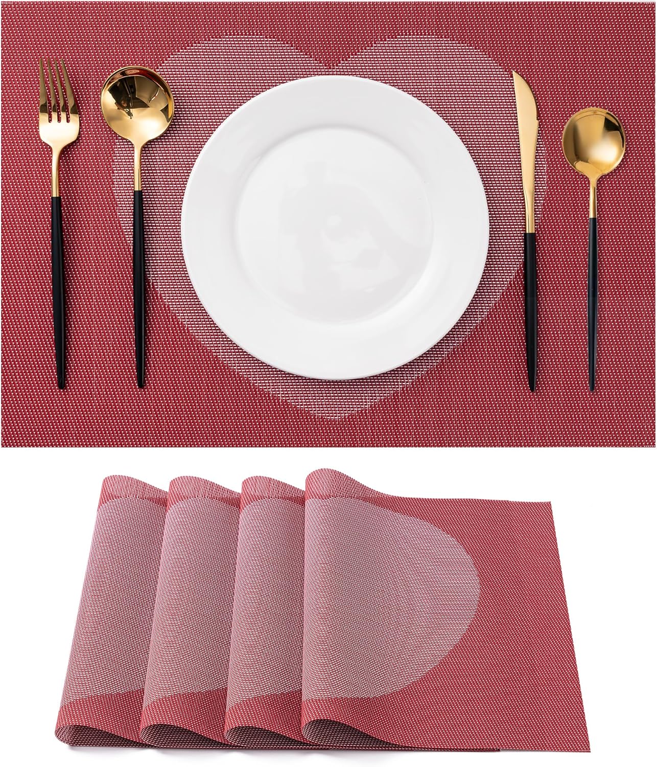 CADONO Placemats Set of 4 Washable Indoor/Outdoor Vinyl Place Mats for Dining Table Durable Non-Slip Heat Resistant PVC Weave Table Mats（Red Pink Heart）