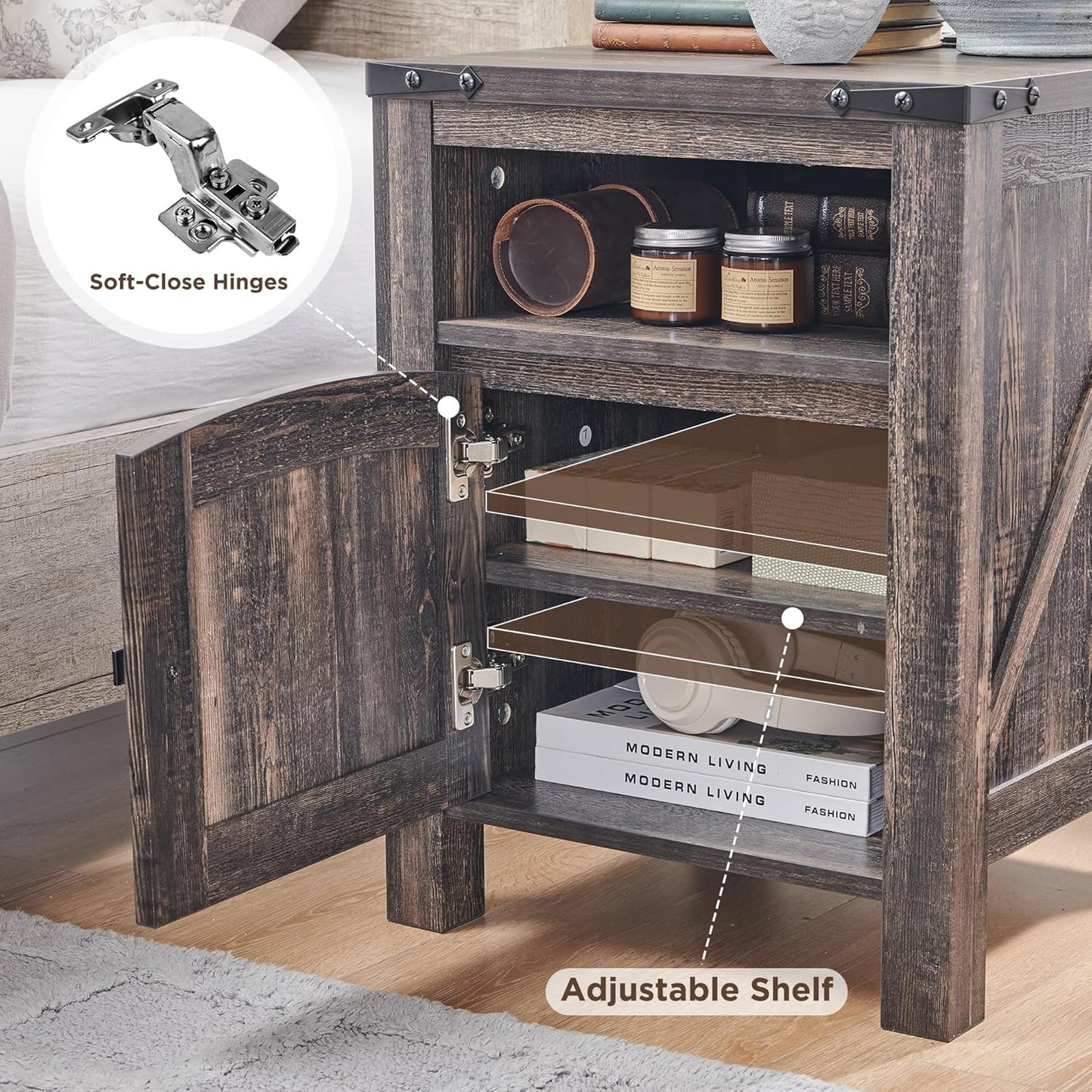 OKD Farmhouse Nightstand with Charging Station, 18" Rustic End Table with Adjustable Storage Shelf, Wood Rustic Wood Sofa Side Table for Bedroom