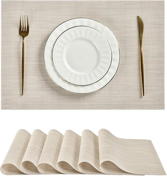 Leetaltree Beige White Placemats Set of 6 - Heat Resistant Non-Slip Place mats for Dining Table, Washable Durable PVC Vinyl Woven Table Mats（Beige White, 6）