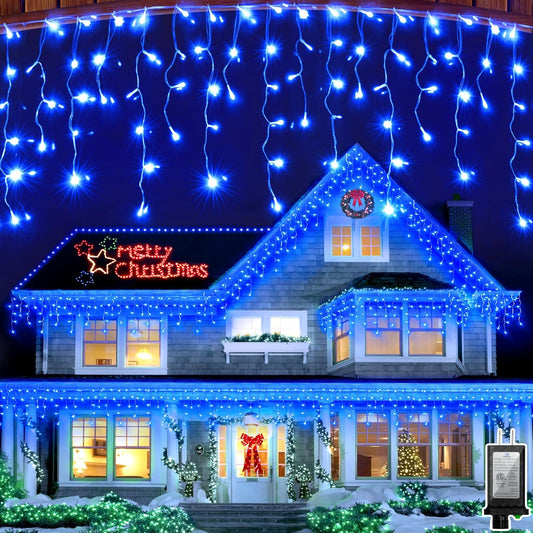 792 LED Christma Lights with 176 Drops, 82ft Outdoor Hanging lights with 8 Modes & Timer Memory, Outsite Waterproof Curtain String Lights for Front House Fence Tree Holiday Decorations Decor Blue